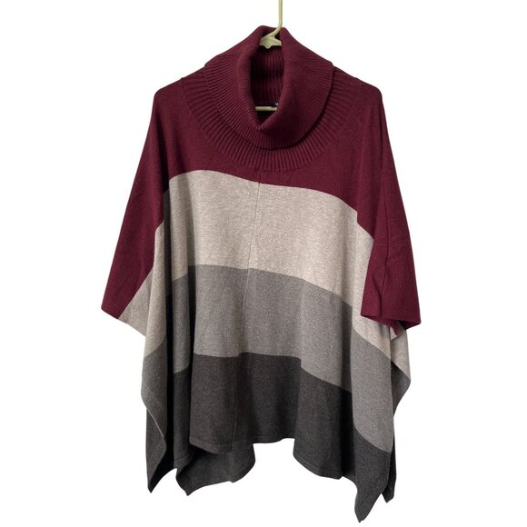 ii Sisters Poncho One Size Striped Ribbed Cowl Neck Burgundy Neutral Cozy Knit - Picture 1 of 6